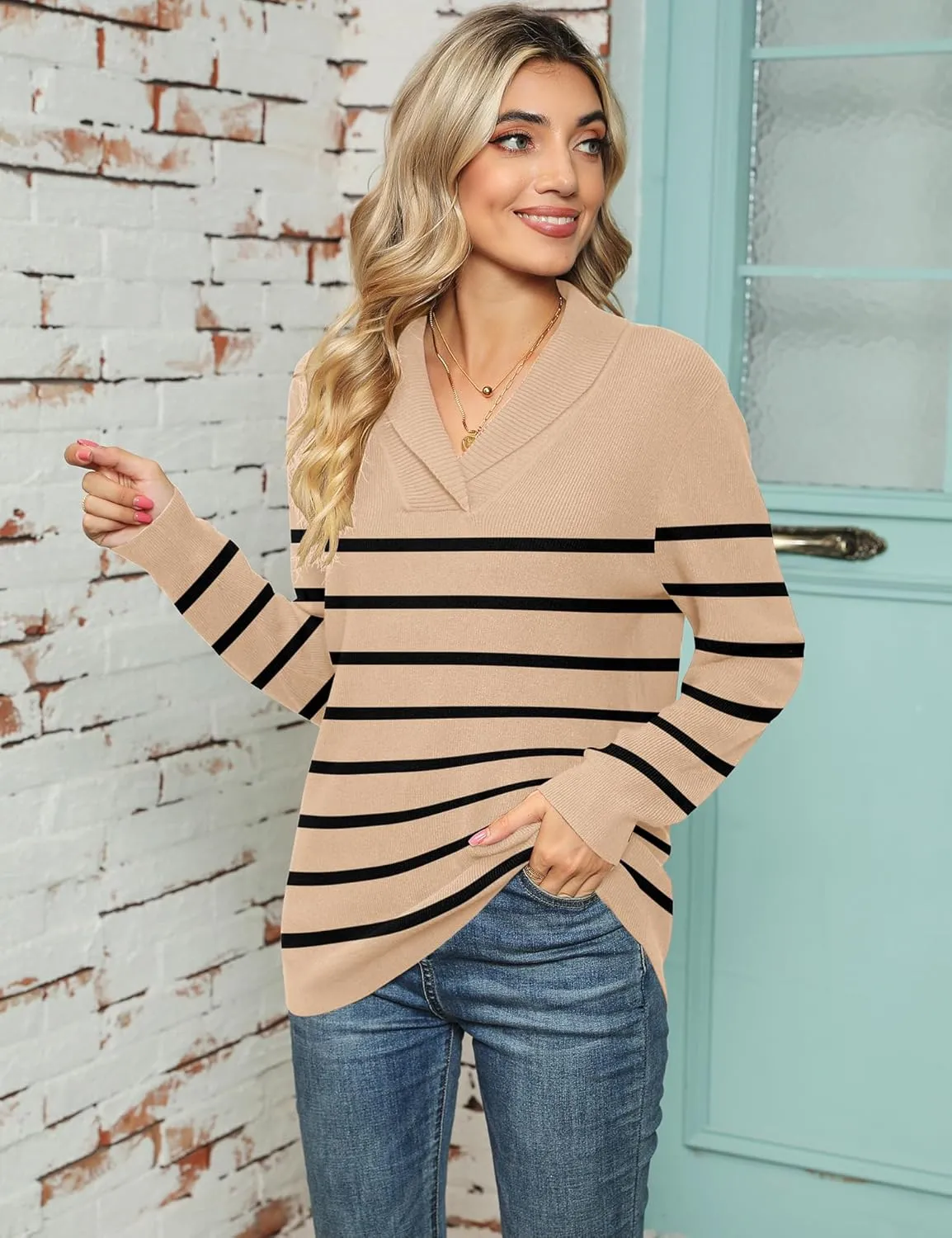 Ivicoer Women Long Sleeve V Neck Pullover Collar Knitted Sweaters