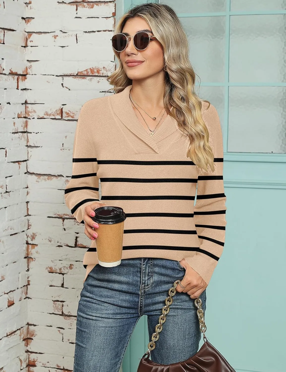 Ivicoer Women Long Sleeve V Neck Pullover Collar Knitted Sweaters