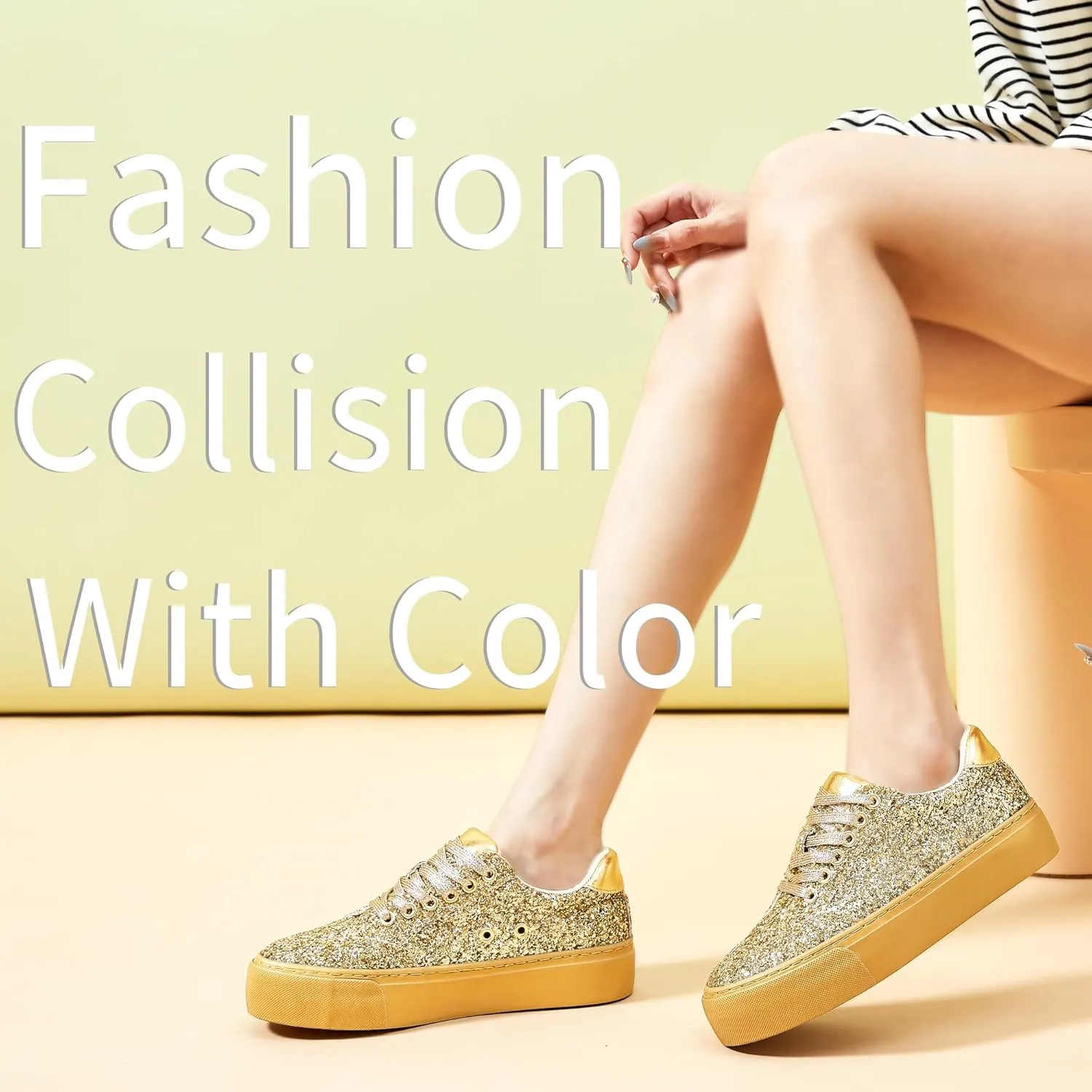 Jeekopeg Glitter Platform Sneakers Women Casual Sequin Sparkly Shoes Bling Thick Sole Walking Shoes Shiny Sequin Wedding Sneakers for Lady