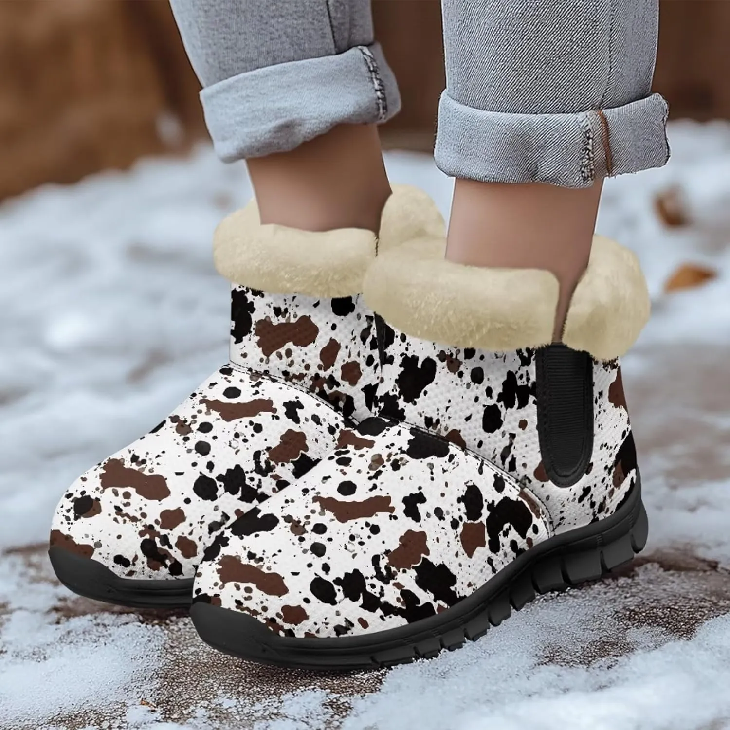 Jeiento Animal Print Winter Boots for Women Warm Inner Slip On Winter Shoes Walking Boots