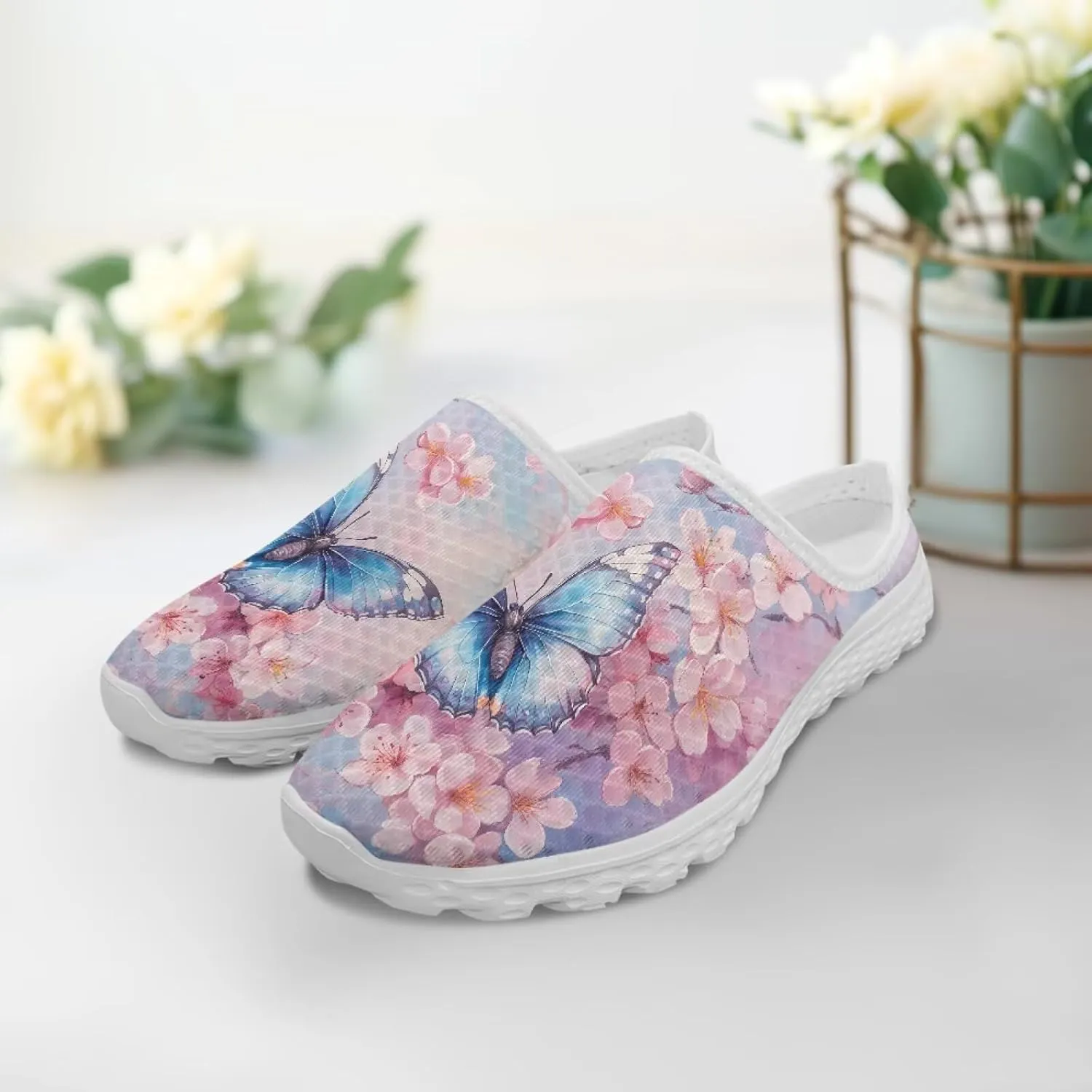 Jeiento Womens Butterfly Pattern Mules Shoes Breathable Mesh Walking Sneaker Comfort Flats House Slippers for Work,Travel
