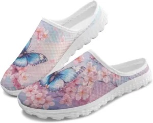 Jeiento Womens Butterfly Pattern Mules Shoes Breathable Mesh Walking Sneaker Comfort Flats House Slippers for Work,Travel
