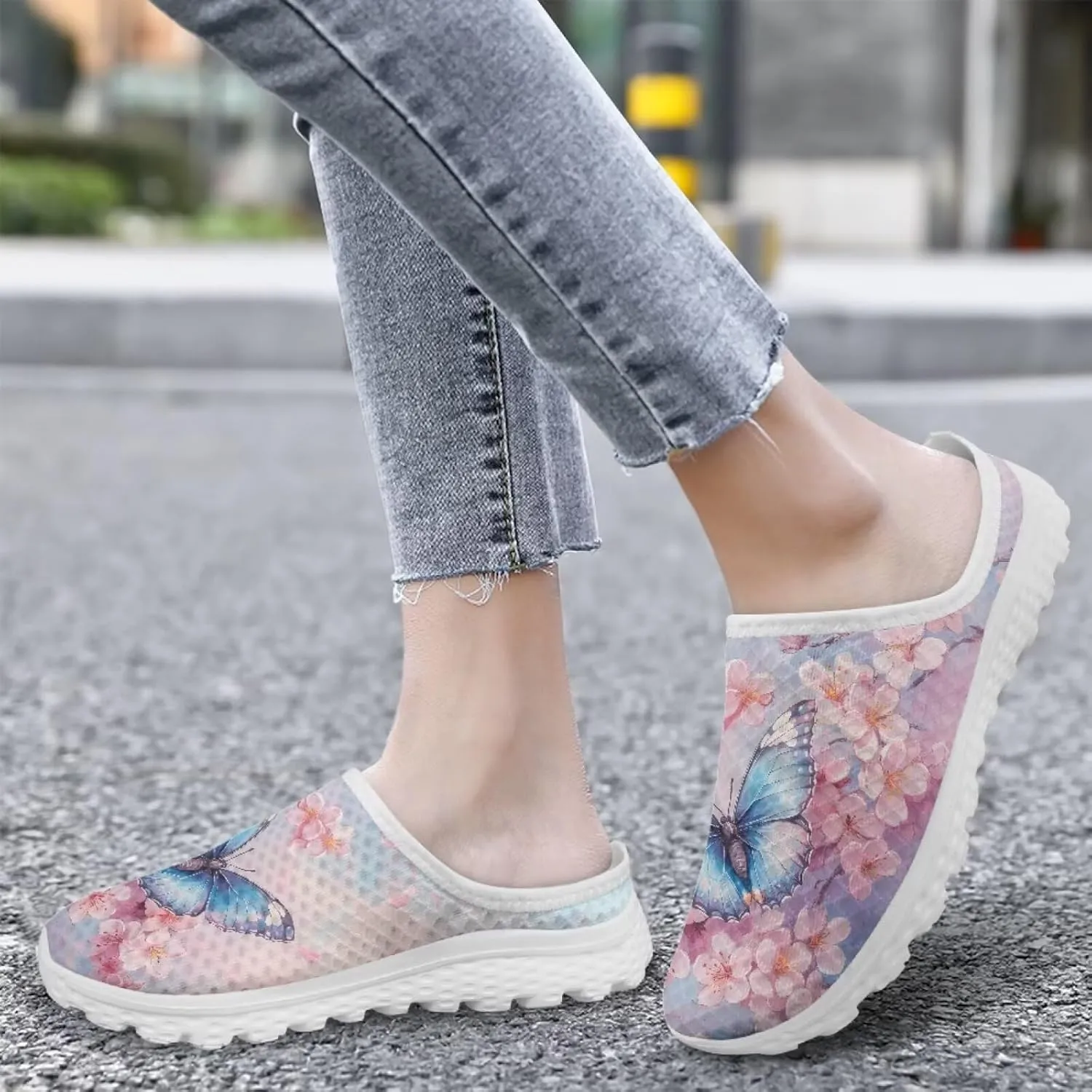 Jeiento Womens Butterfly Pattern Mules Shoes Breathable Mesh Walking Sneaker Comfort Flats House Slippers for Work,Travel