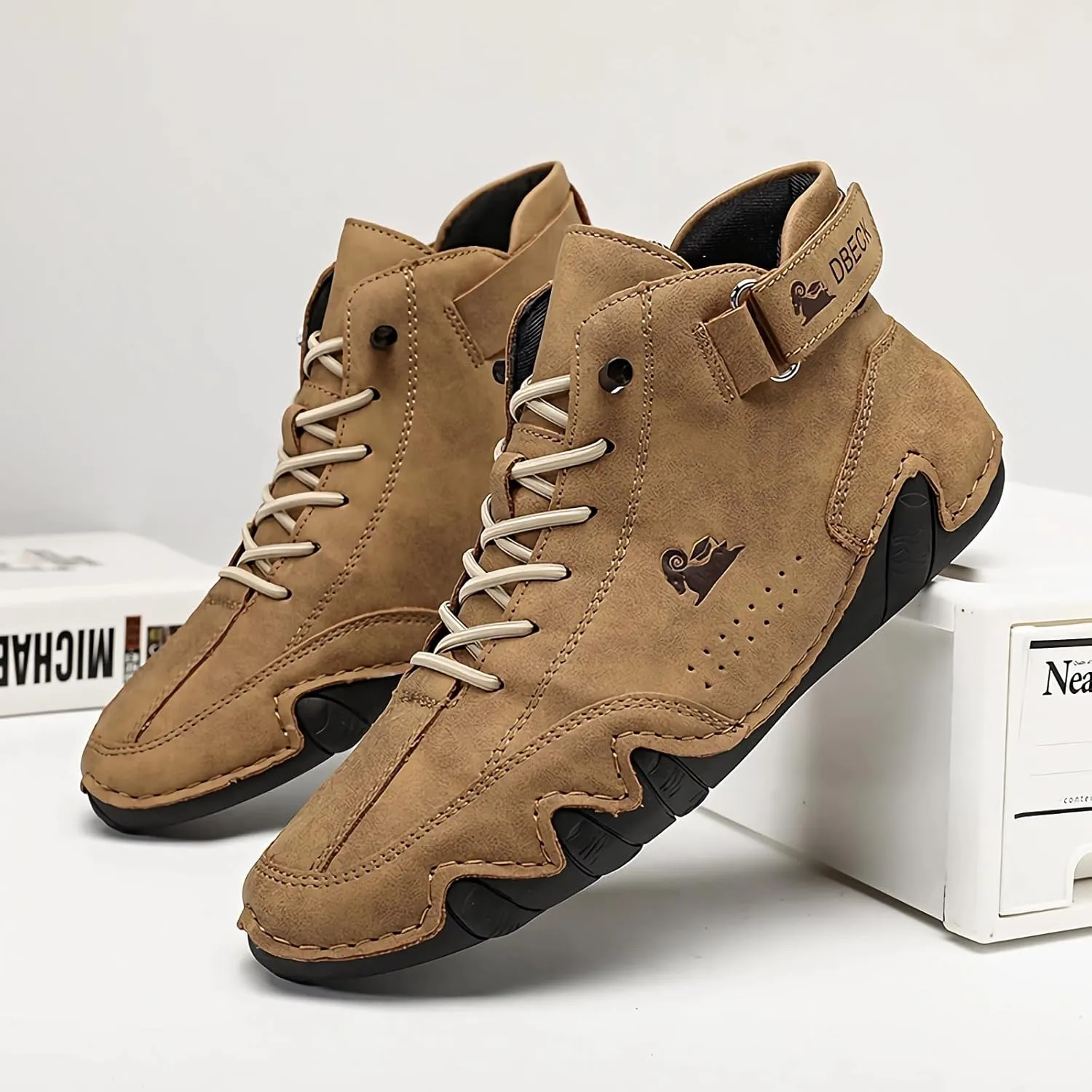 JishinGal Men's Casual Suede Lace Up Flats Chukka Ankle Boots,Handmade High Top high boots Outdoor Walking Sneakers Slip-on Lightweight Non-Slip Driving Chukka Boots