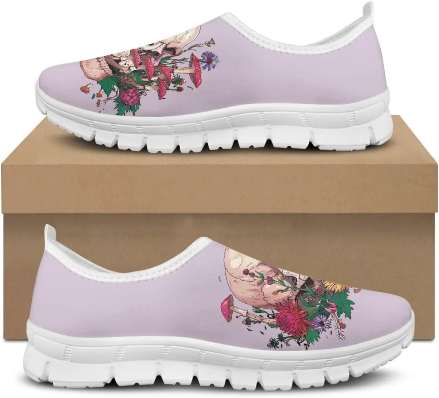 JoyLamoria Womens Floral Skull Print Low Top Lightweight Walking Shoes Girls Go Easy Travel Shoes Art Comfy Sneakers