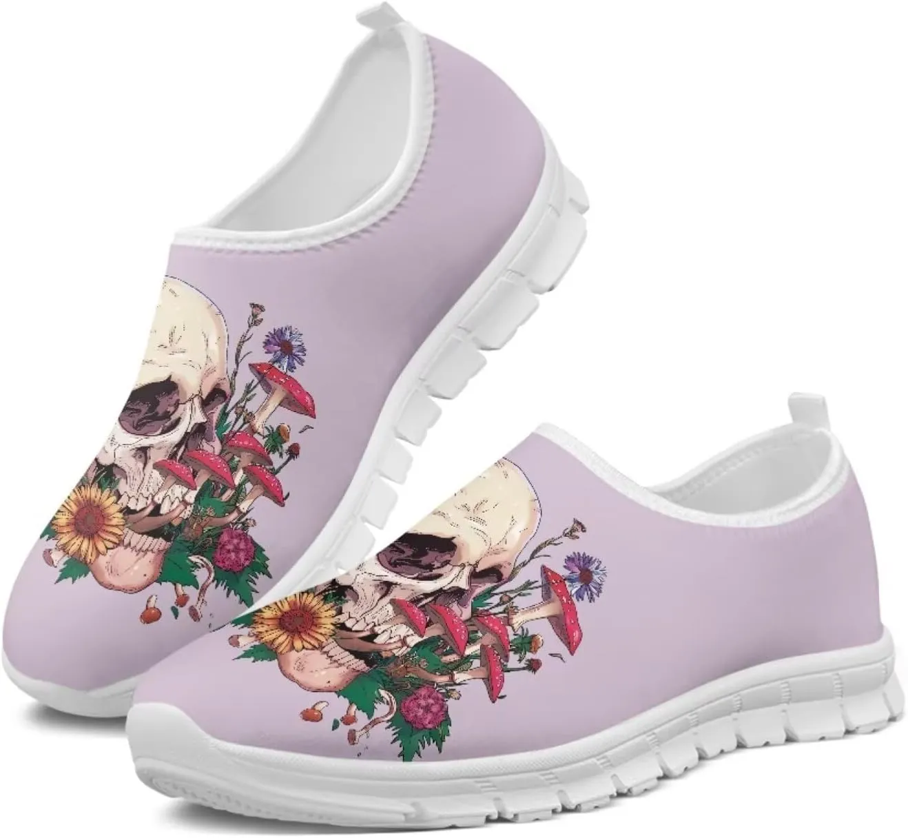 JoyLamoria Womens Floral Skull Print Low Top Lightweight Walking Shoes Girls Go Easy Travel Shoes Art Comfy Sneakers