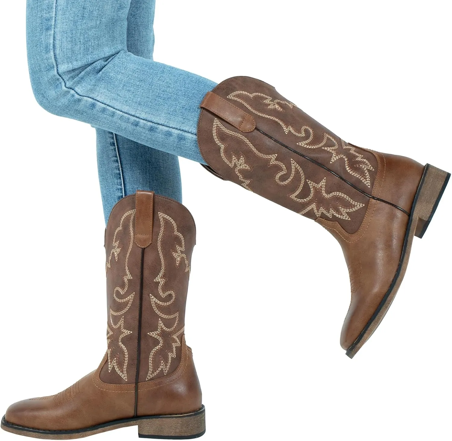 J's.o.l.e Square Toe Cowboy Cowgirl Boots for Women Mid Calf Ladies Fashion Embroidered Western Boots