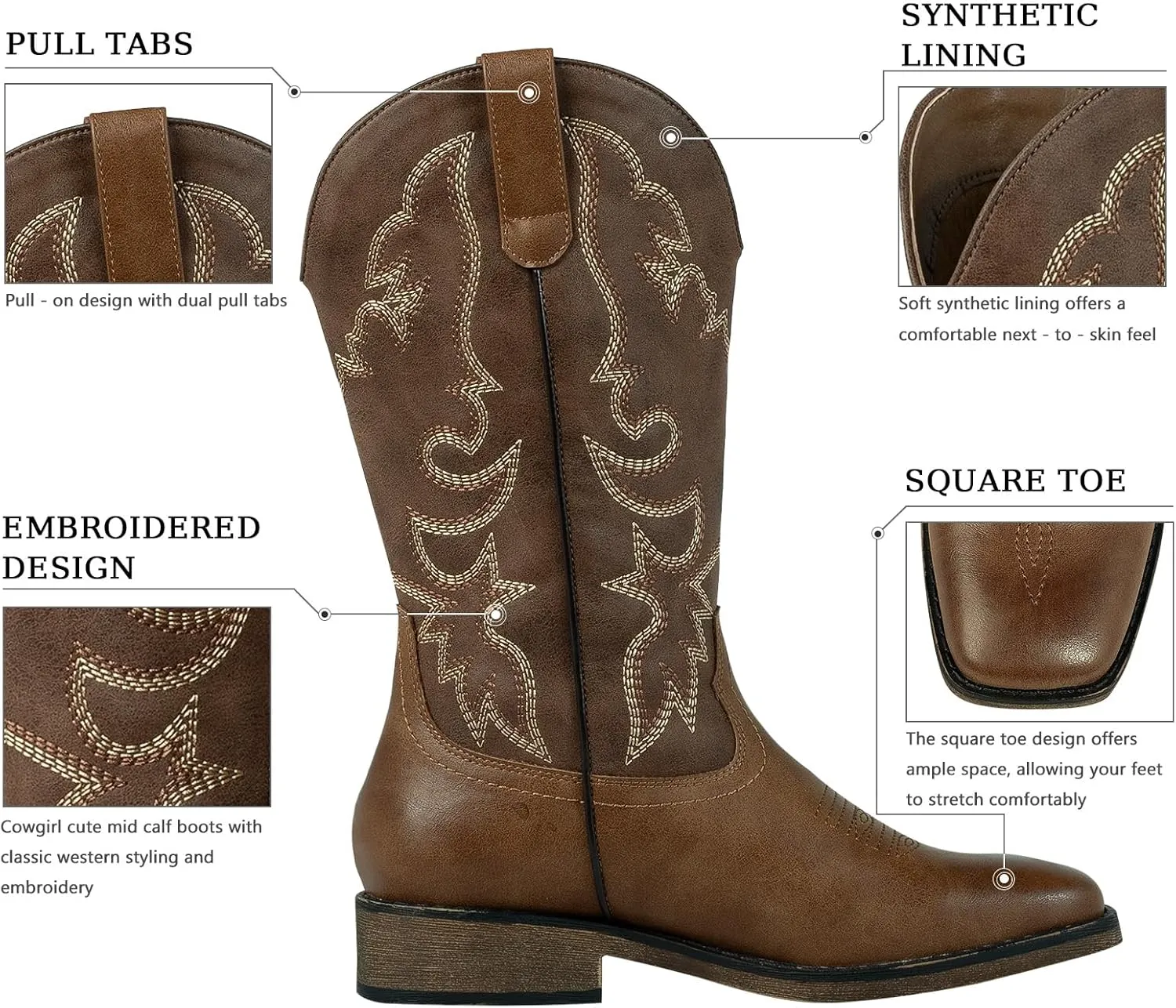 J's.o.l.e Square Toe Cowboy Cowgirl Boots for Women Mid Calf Ladies Fashion Embroidered Western Boots
