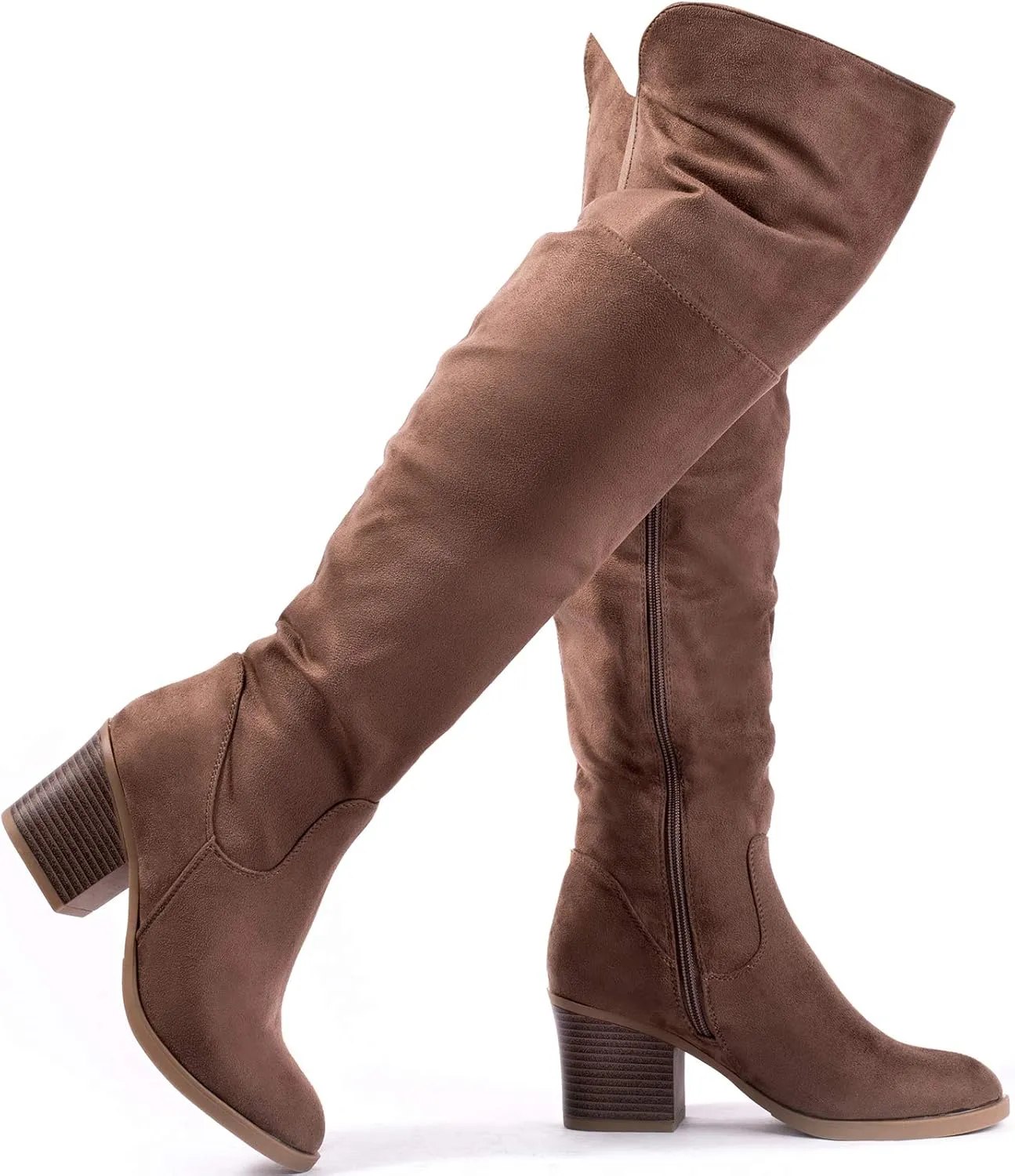 Katliu Women's Knee High Suede Chunky Heel Dressy Over the Knee Side Zipper Winter Long Boots