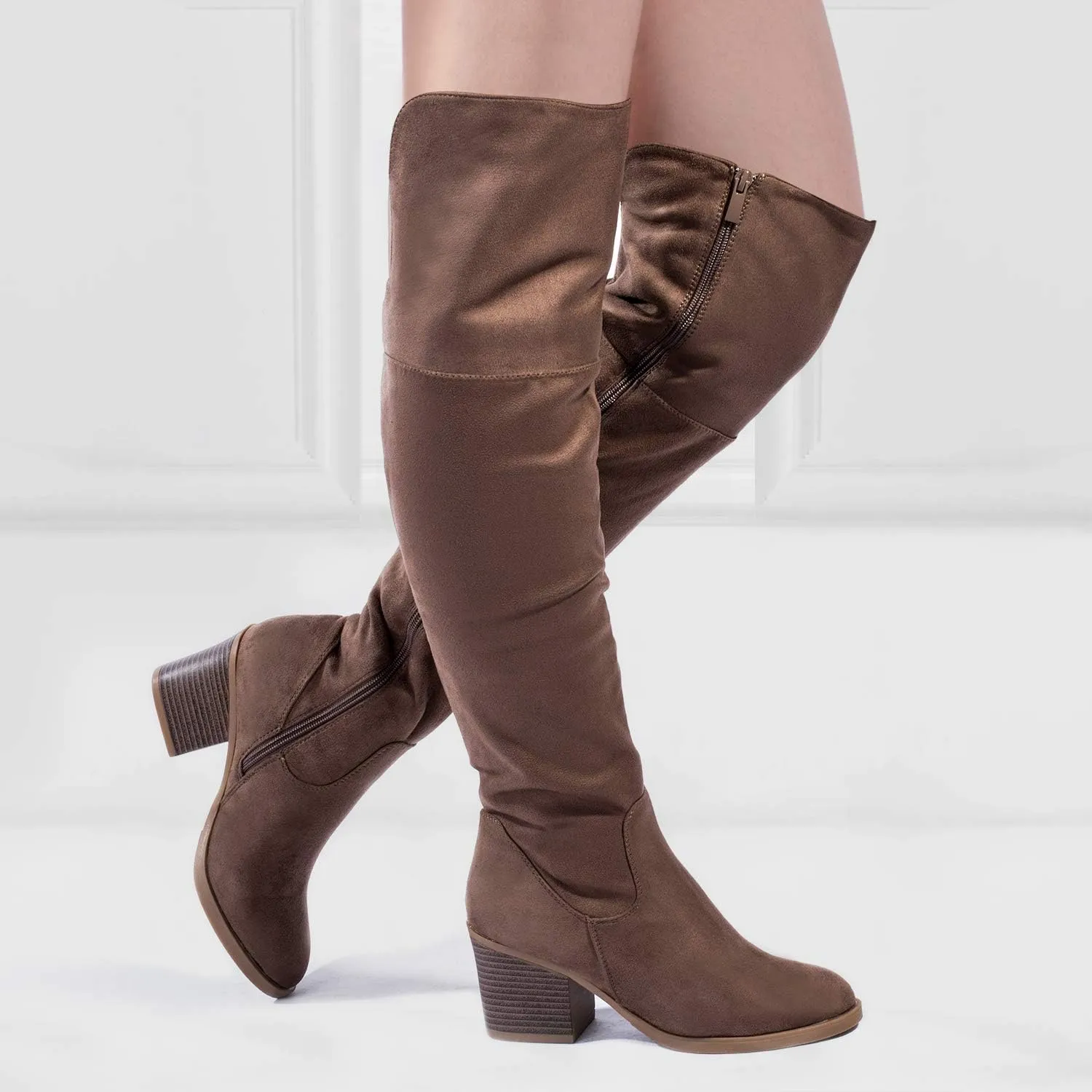 Katliu Women's Knee High Suede Chunky Heel Dressy Over the Knee Side Zipper Winter Long Boots