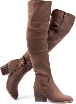 Katliu Women's Knee High Suede Chunky Heel Dressy Over the Knee Side Zipper Winter Long Boots