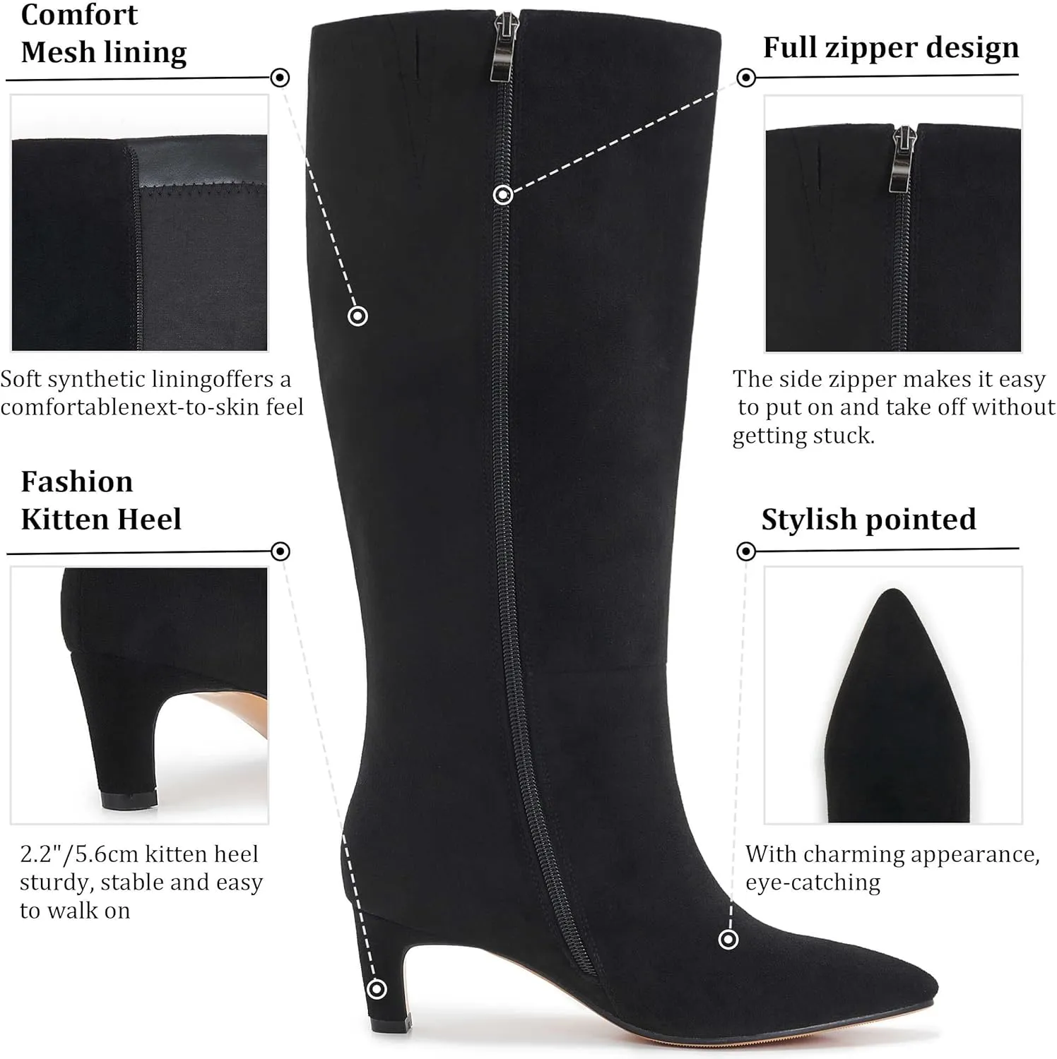 Kitten Heel Boots For Women Knee High Boots Low Heels Wide Calf Pointed Toe Stiletto