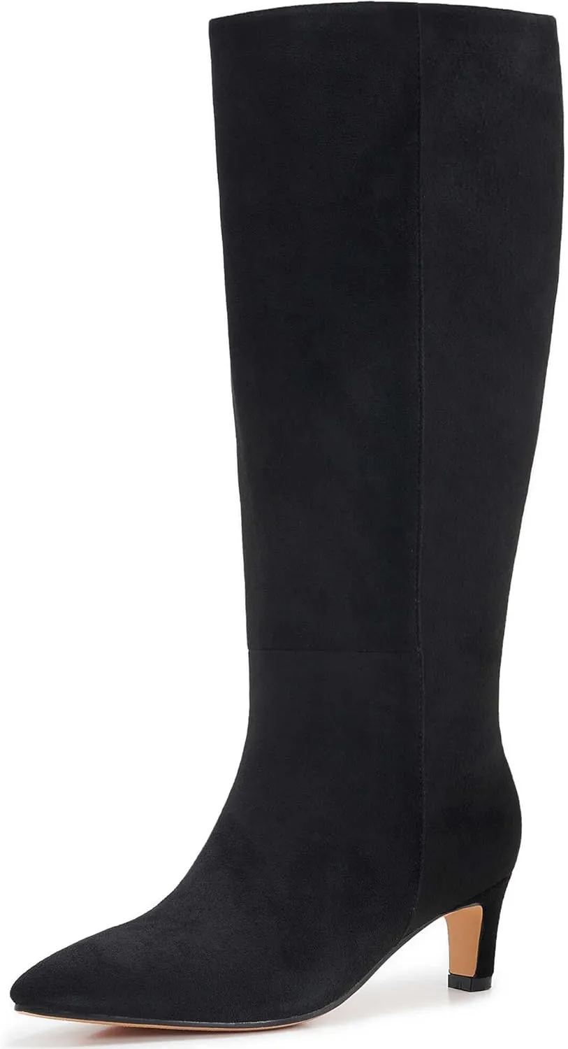 Kitten Heel Boots For Women Knee High Boots Low Heels Wide Calf Pointed Toe Stiletto