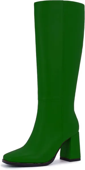 Knee-High Boots for Women - Wide Calf Boot Long with Zipper Square Toe Tall Leather Chunky Heel Fashion