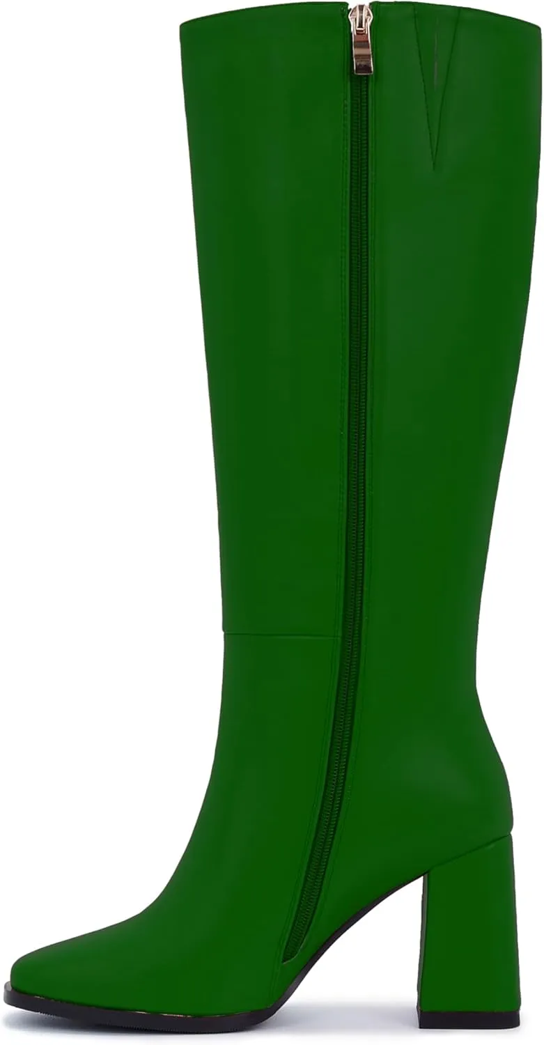 Knee-High Boots for Women - Wide Calf Boot Long with Zipper Square Toe Tall Leather Chunky Heel Fashion