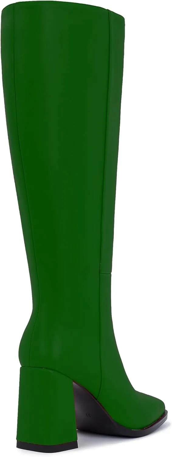 Knee-High Boots for Women - Wide Calf Boot Long with Zipper Square Toe Tall Leather Chunky Heel Fashion
