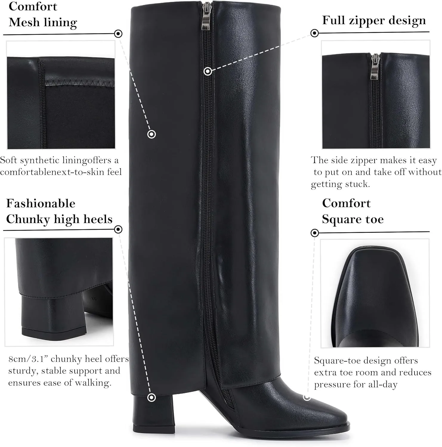 Knee-High Boots for Women - Wide Calf Boot Long with Zipper Square Toe Tall Leather Chunky Heel Fashion