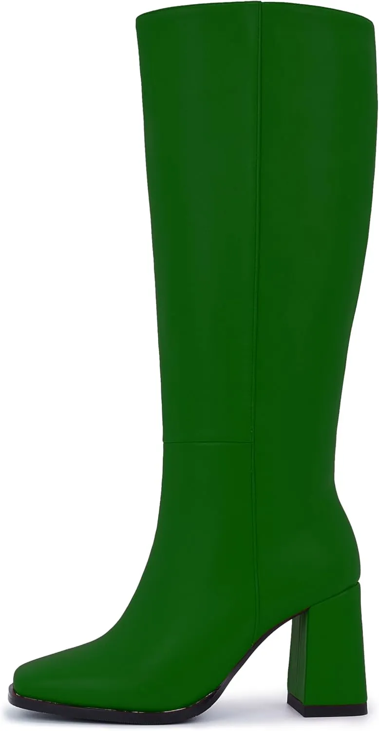 Knee-High Boots for Women - Wide Calf Boot Long with Zipper Square Toe Tall Leather Chunky Heel Fashion