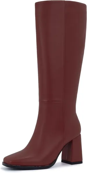 Knee-High Boots for Women - Wide Calf Boot Long with Zipper Square Toe Tall Leather Chunky Heel Fashion