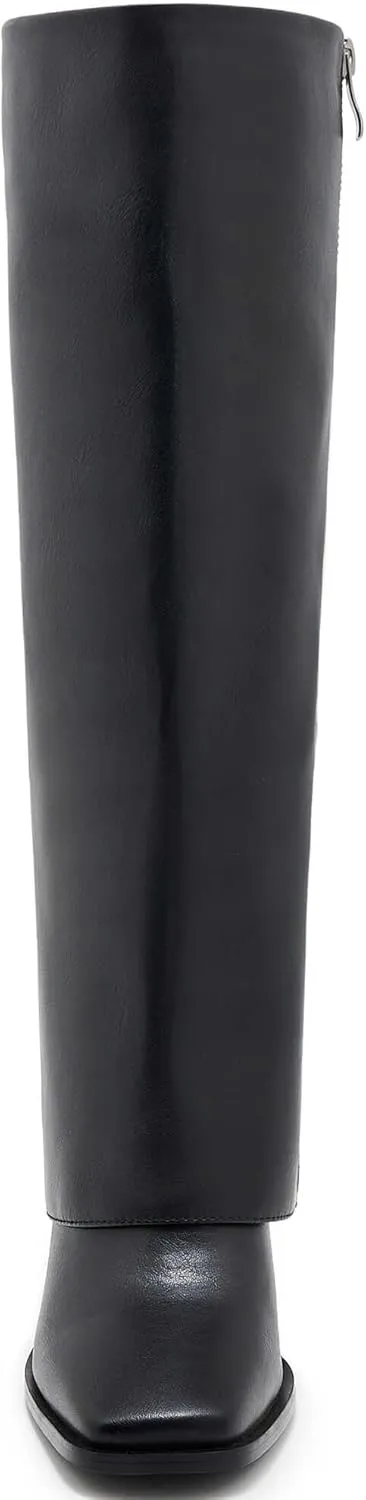 Knee-High Boots for Women - Wide Calf Boot Long with Zipper Square Toe Tall Leather Chunky Heel Fashion