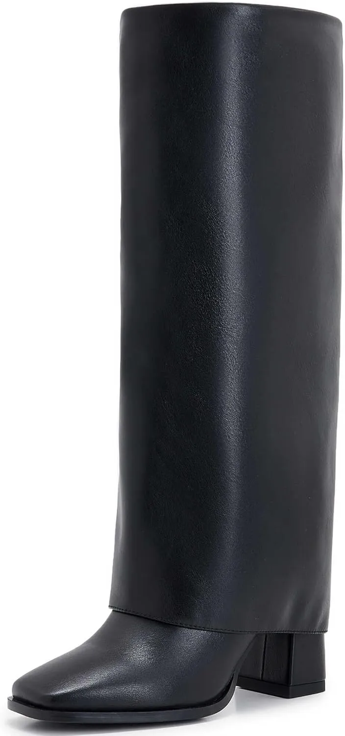 Knee-High Boots for Women - Wide Calf Boot Long with Zipper Square Toe Tall Leather Chunky Heel Fashion