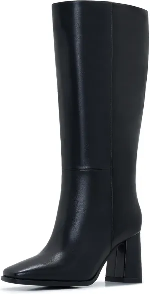 Knee-High Boots for Women - Wide Calf Boot Long with Zipper Square Toe Tall Leather Chunky Heel Fashion
