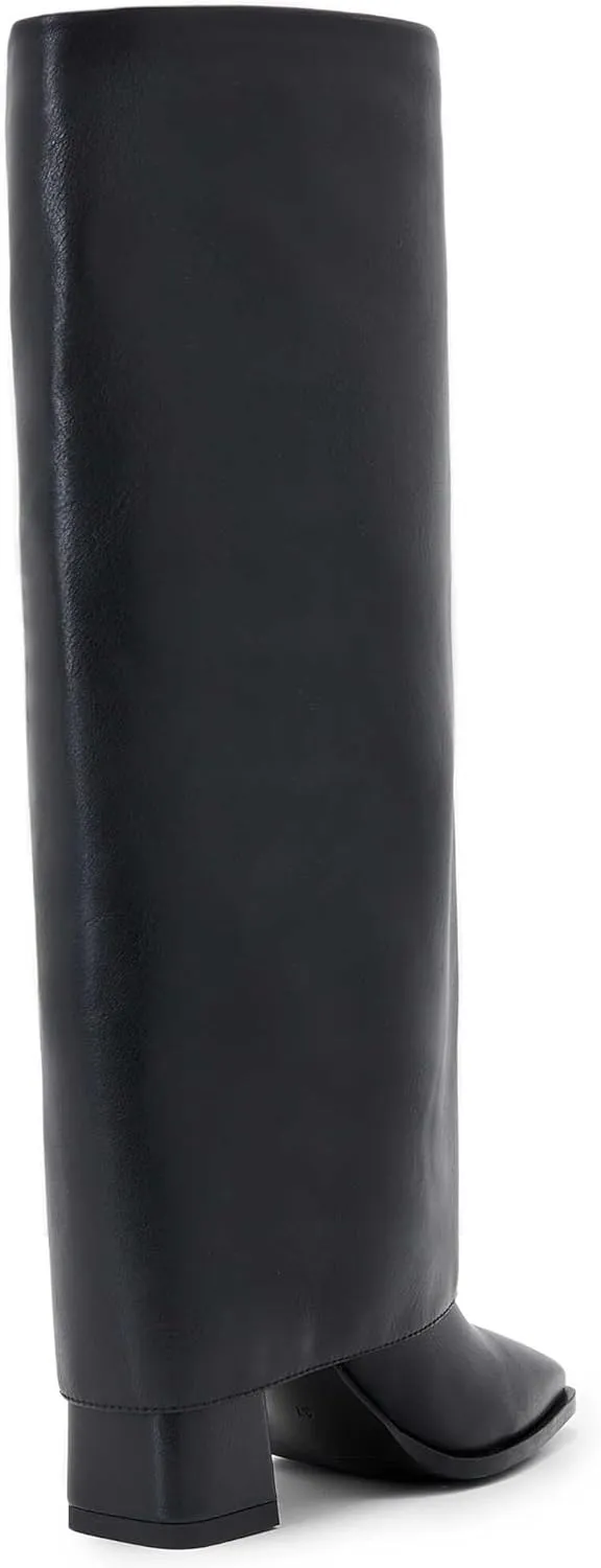 Knee-High Boots for Women - Wide Calf Boot Long with Zipper Square Toe Tall Leather Chunky Heel Fashion