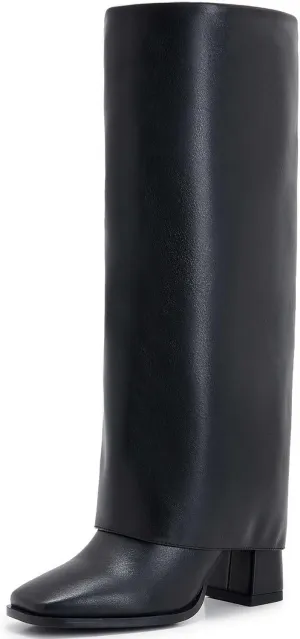 Knee-High Boots for Women - Wide Calf Boot Long with Zipper Square Toe Tall Leather Chunky Heel Fashion