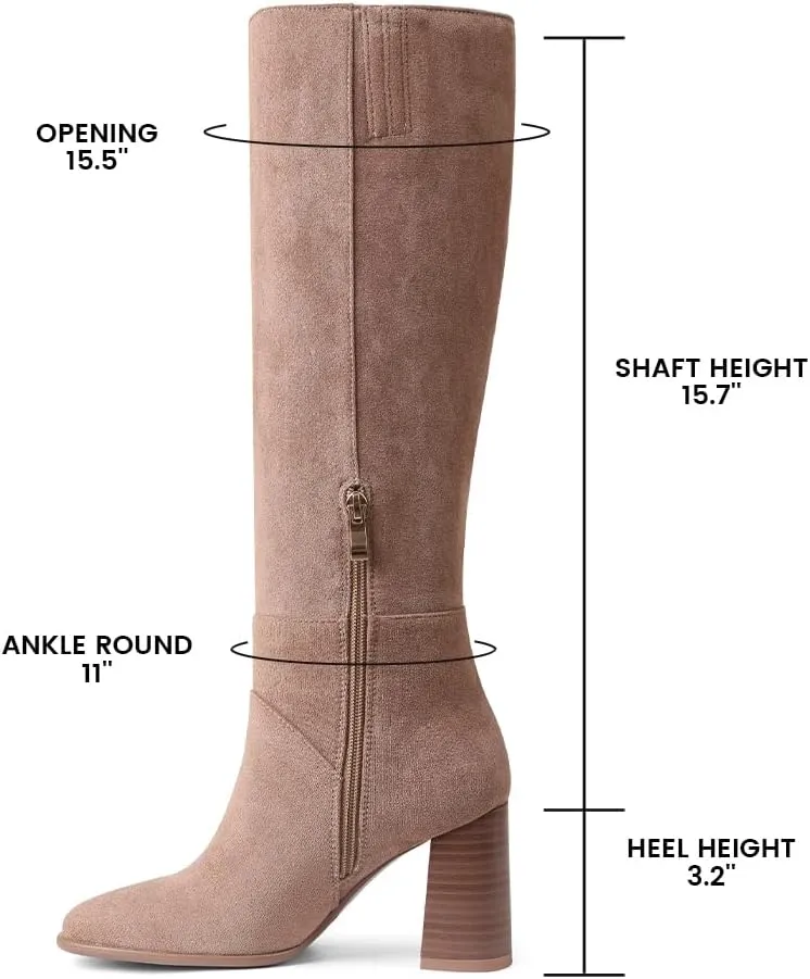Knee High Boots Women Fall Winter Faux Suede Square Toe Chunky Block Heel Wide Calf Boots Fashion Side Zipper Long Boot