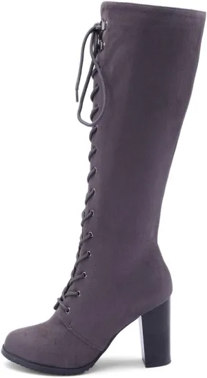 KOKOMOMO Womens Chunky Knee High Heel Lace Up Combat Boots