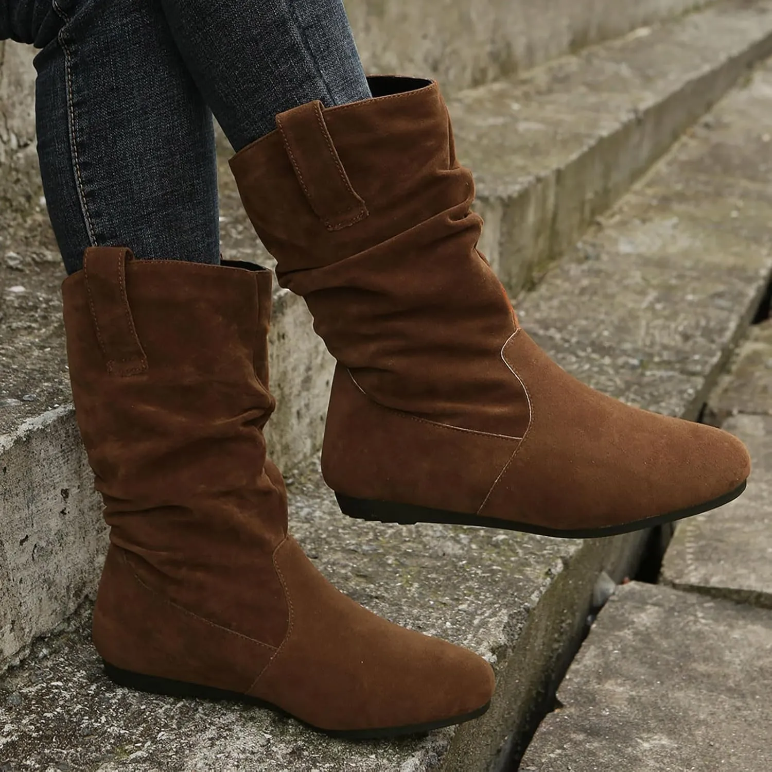 Ladies Fashion Solid Colour Simple Round Toe Suede Flat Bottom Sleeve Mid Calf Boots Boots Socks for Women Mid Calf, 6.5