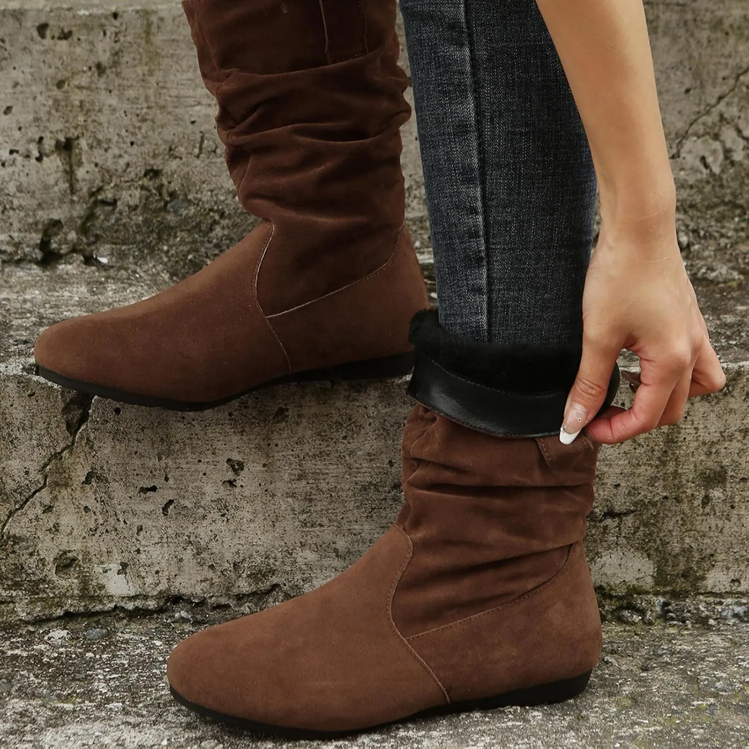 Ladies Fashion Solid Colour Simple Round Toe Suede Flat Bottom Sleeve Mid Calf Boots Boots Socks for Women Mid Calf, 6.5