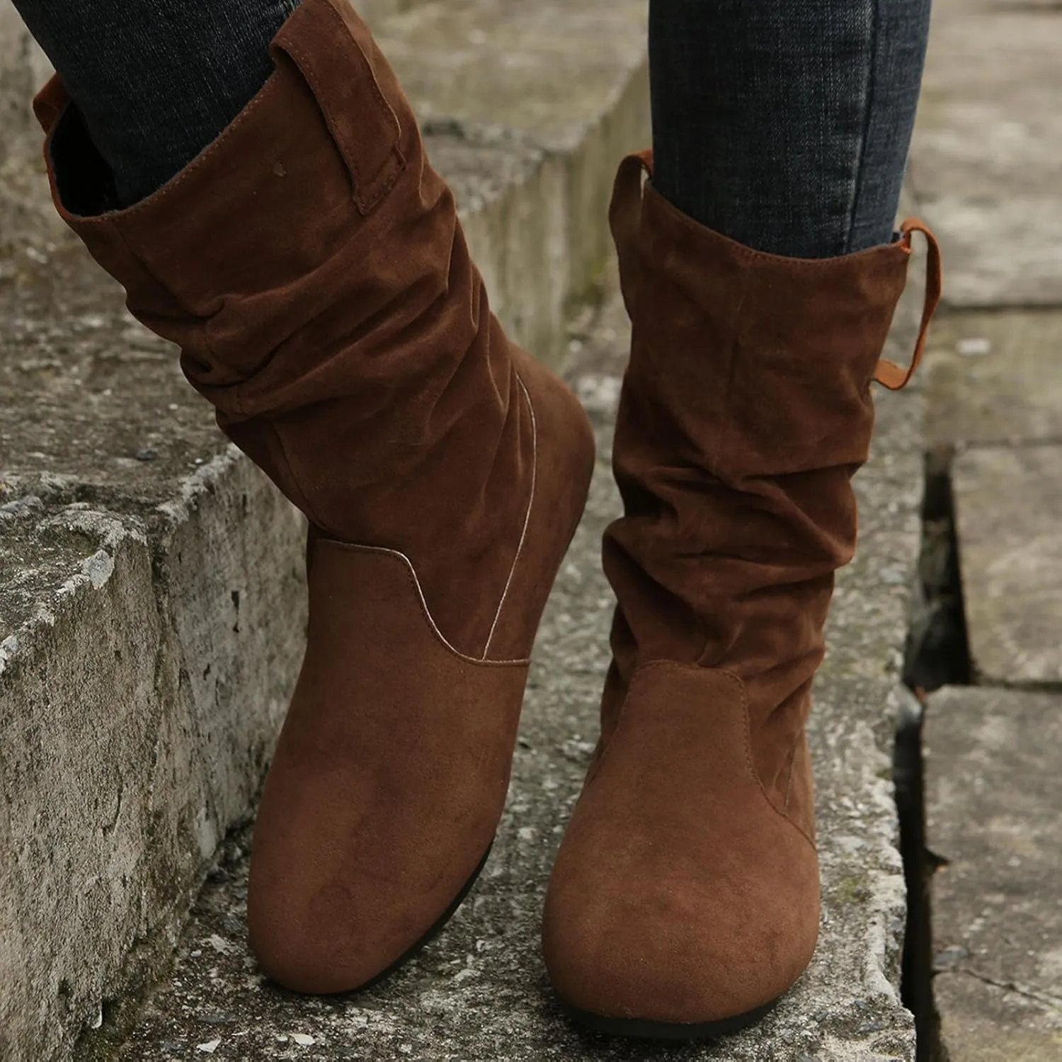Ladies Fashion Solid Colour Simple Round Toe Suede Flat Bottom Sleeve Mid Calf Boots Boots Socks for Women Mid Calf, 6.5