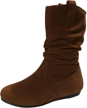 Ladies Fashion Solid Colour Simple Round Toe Suede Flat Bottom Sleeve Mid Calf Boots Boots Socks for Women Mid Calf, 6.5