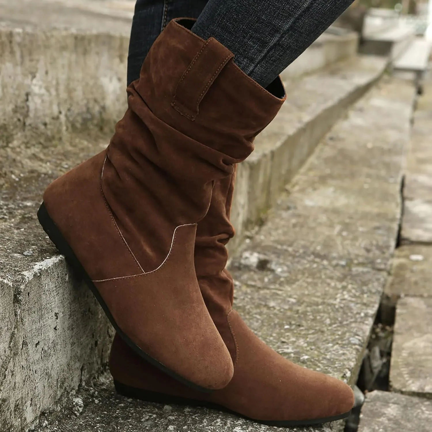 Ladies Fashion Solid Colour Simple Round Toe Suede Flat Bottom Sleeve Mid Calf Boots Boots Socks for Women Mid Calf, 6.5