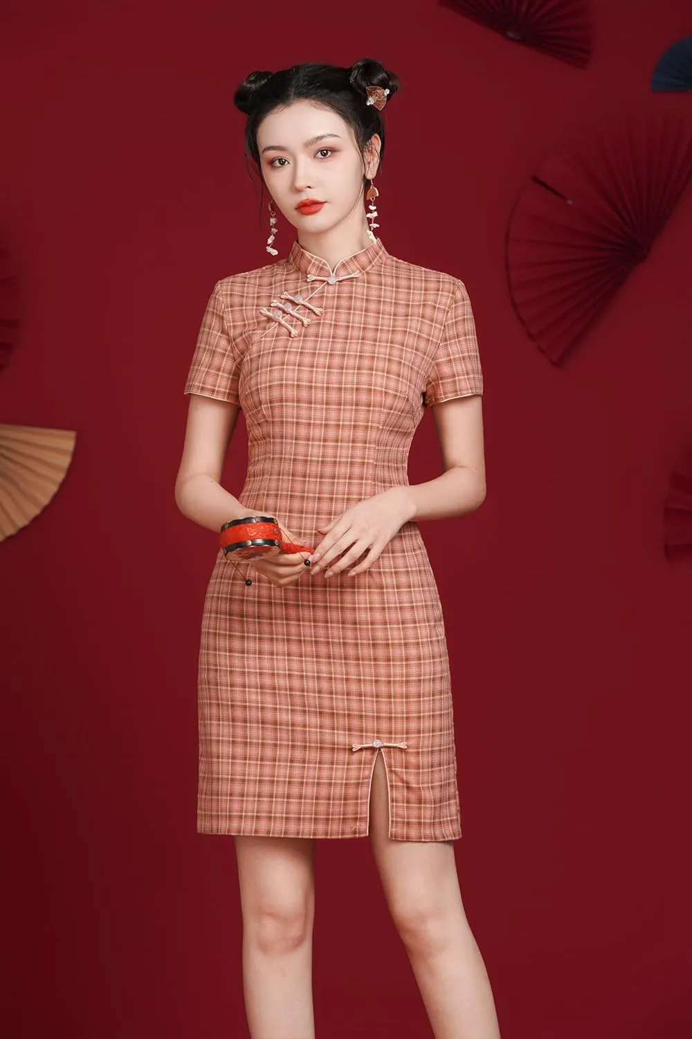 LAI MENG FIVE CATS Women's Vintage Chinese Cheongsam Print Short Sleeve Retro Side Slit Mini Dress