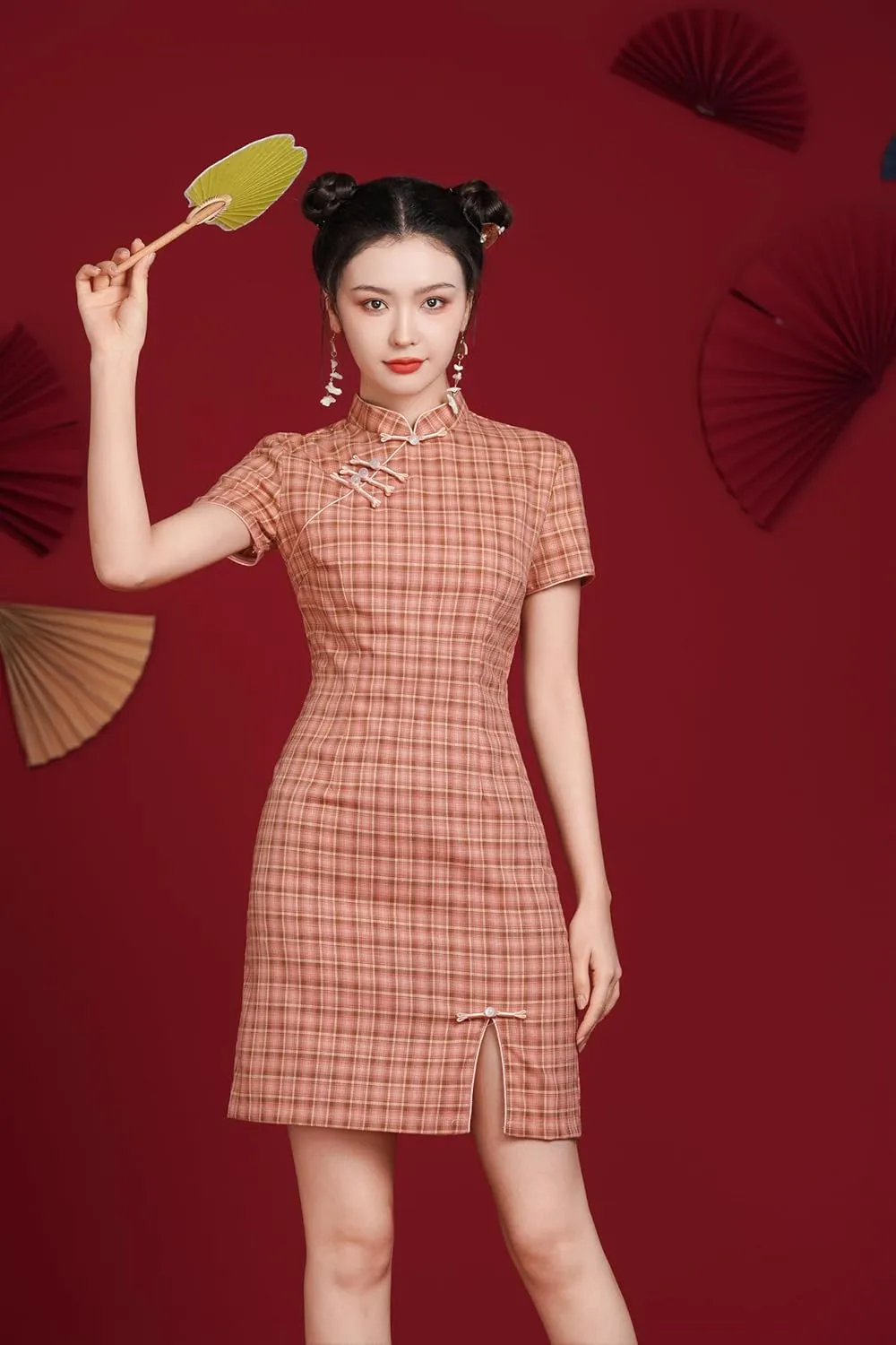 LAI MENG FIVE CATS Women's Vintage Chinese Cheongsam Print Short Sleeve Retro Side Slit Mini Dress