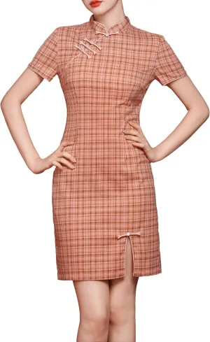 LAI MENG FIVE CATS Women's Vintage Chinese Cheongsam Print Short Sleeve Retro Side Slit Mini Dress