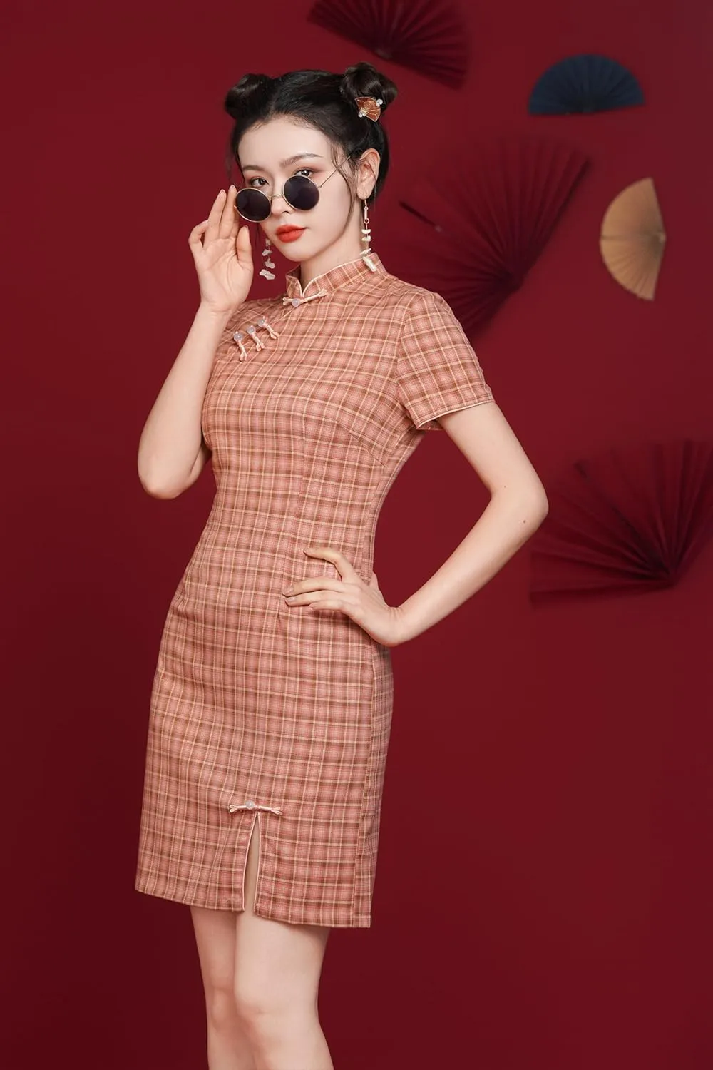 LAI MENG FIVE CATS Women's Vintage Chinese Cheongsam Print Short Sleeve Retro Side Slit Mini Dress