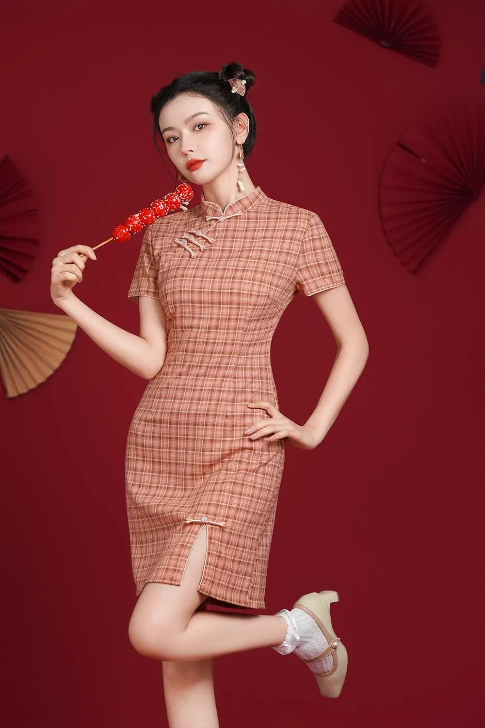 LAI MENG FIVE CATS Women's Vintage Chinese Cheongsam Print Short Sleeve Retro Side Slit Mini Dress