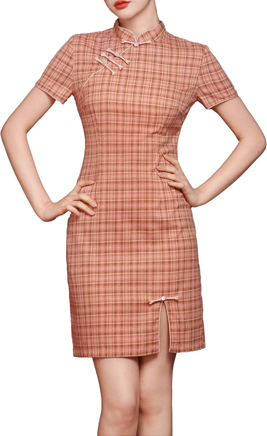 LAI MENG FIVE CATS Women's Vintage Chinese Cheongsam Print Short Sleeve Retro Side Slit Mini Dress