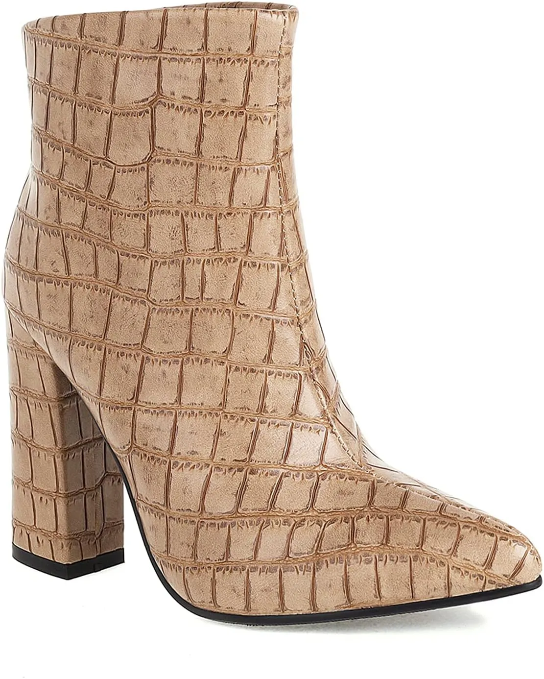 LEHOOR Women Chunky Heel Ankle Boots Pull On Pointed Toe Booties Sexy Stone Pattern Short Boots 4” High Block Heel Matte Leather Dress Booties Closed Toe Wild Elegant Party Club 4-11 M US