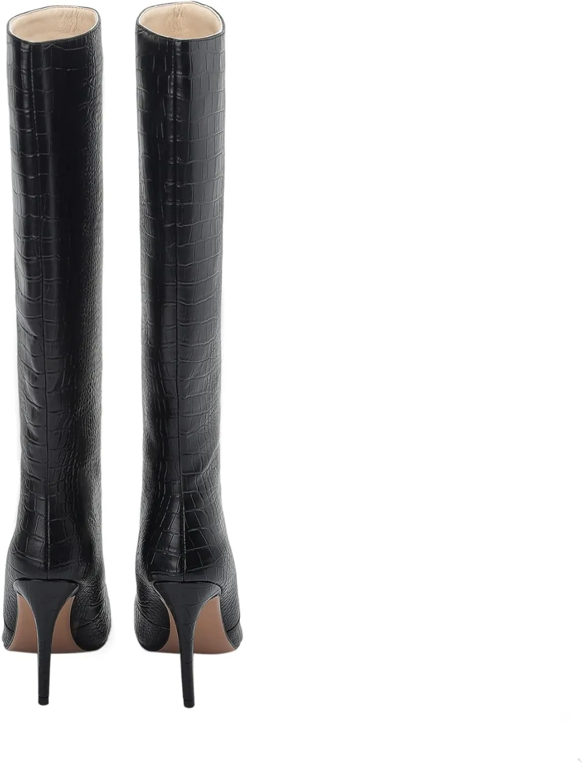 LEMUTISME Women's Fashion Pointed Toe Matte Leather Crocodile Embossed Stiletto Wide Calf Slip On 3.5In High Heel Casual Dress Knee High Boots