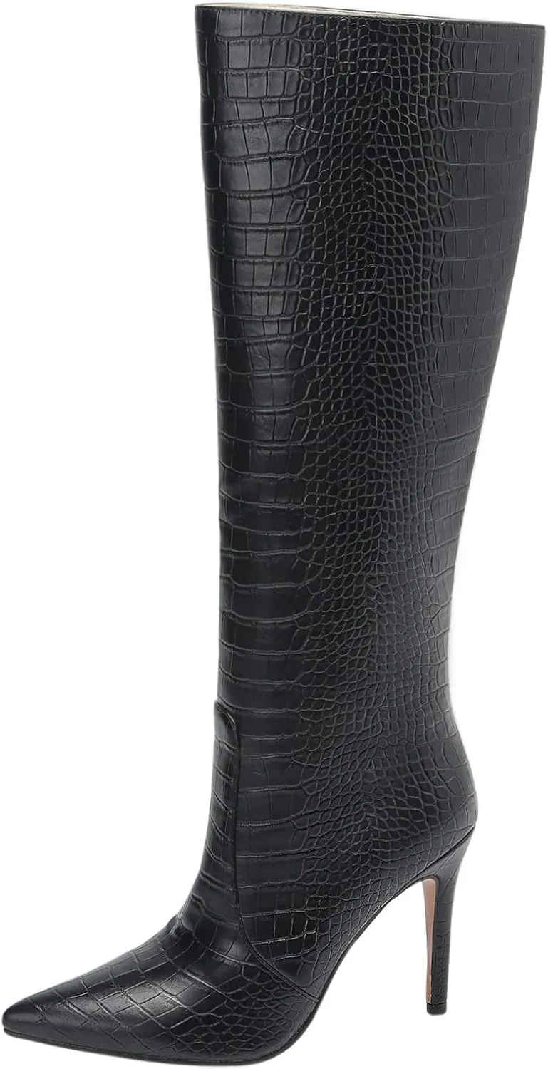 LEMUTISME Women's Fashion Pointed Toe Matte Leather Crocodile Embossed Stiletto Wide Calf Slip On 3.5In High Heel Casual Dress Knee High Boots