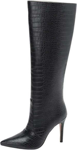 LEMUTISME Women's Fashion Pointed Toe Matte Leather Crocodile Embossed Stiletto Wide Calf Slip On 3.5In High Heel Casual Dress Knee High Boots