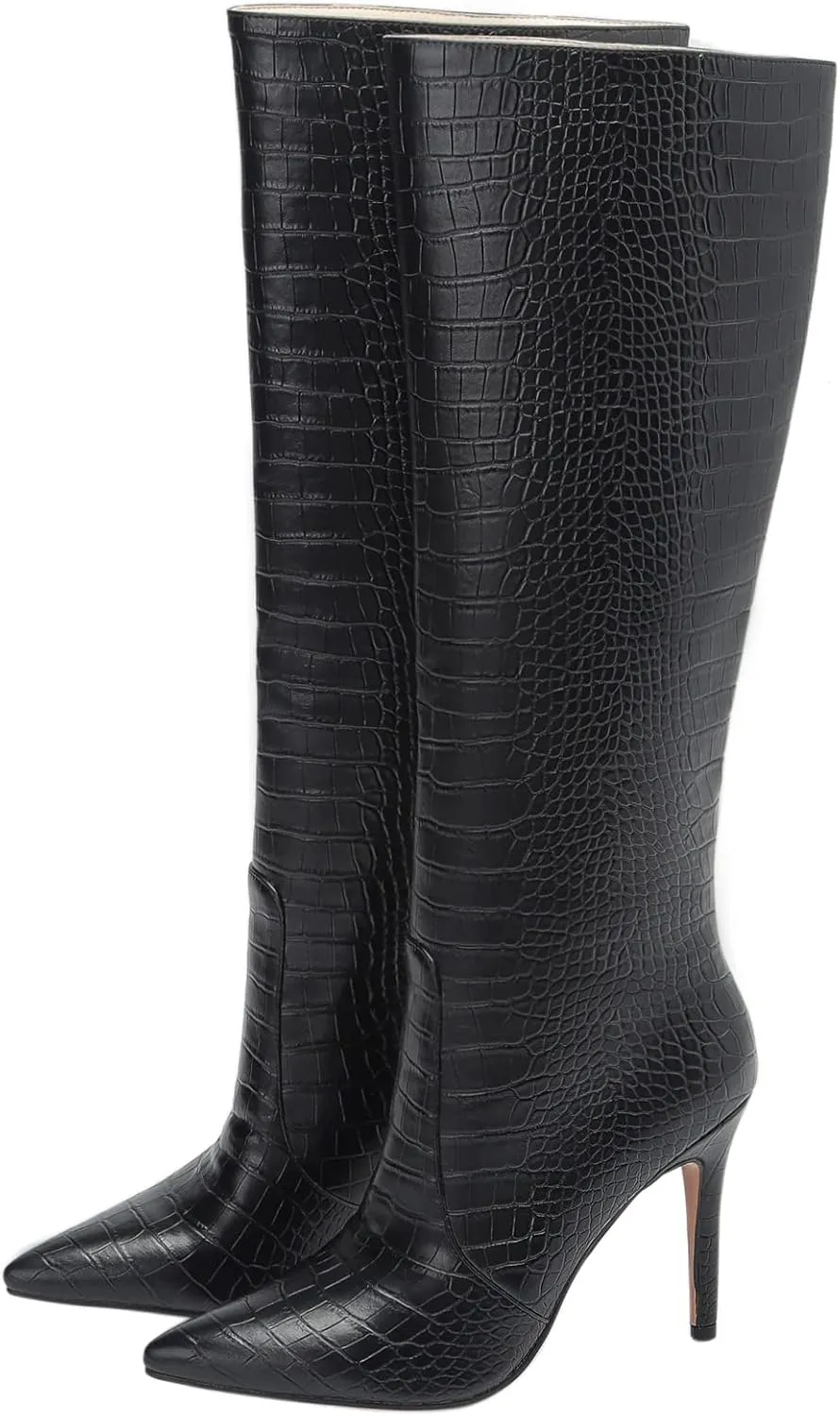 LEMUTISME Women's Fashion Pointed Toe Matte Leather Crocodile Embossed Stiletto Wide Calf Slip On 3.5In High Heel Casual Dress Knee High Boots