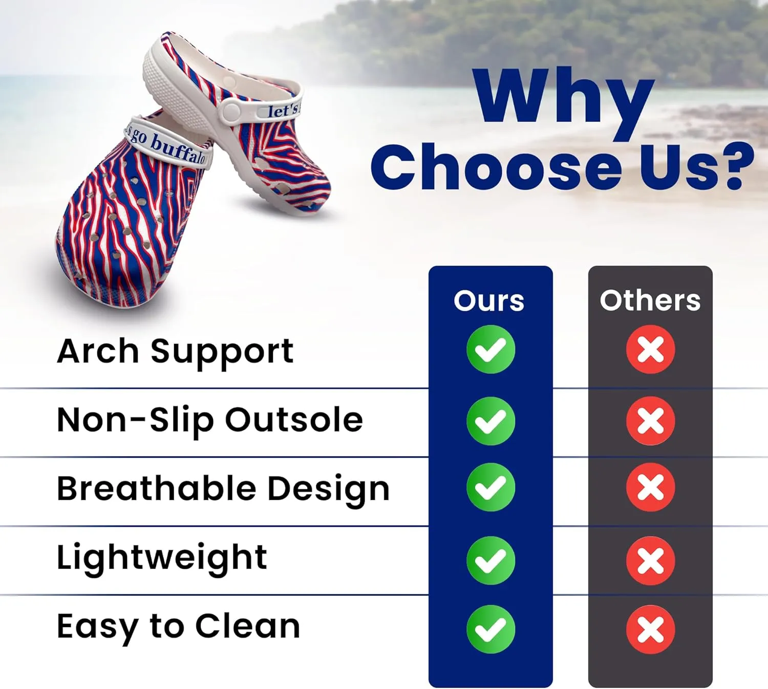 Let’s Go Buffalo Sports Clogs – Unisex Slip-On Shoes, Synthetic Rubber with Arch Support, Breathable Ventilation Ports, Non-Slip Outsole for Indoor & Outdoor Use, Ideal for Buffalo Sporting