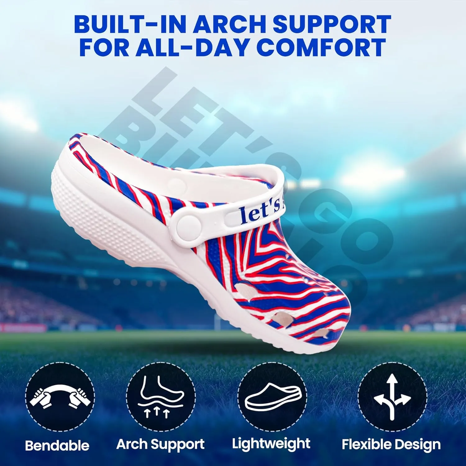 Let’s Go Buffalo Sports Clogs – Unisex Slip-On Shoes, Synthetic Rubber with Arch Support, Breathable Ventilation Ports, Non-Slip Outsole for Indoor & Outdoor Use, Ideal for Buffalo Sporting