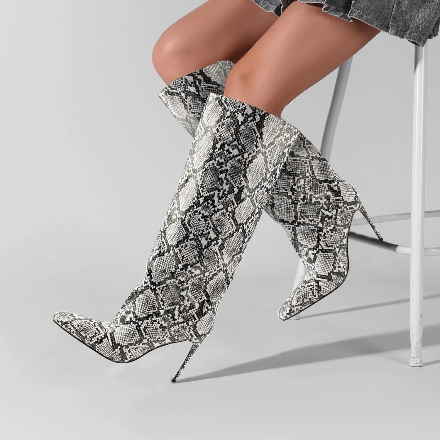 LingxiaUne Knee High Boots for Women Stylish Tall Boots With Square Toe Stiletto High Heel Pull On Women's Wide Calf Boots Classic Heeled Shoes For Ladies Party Prom Dressy Fall Winter Fashion