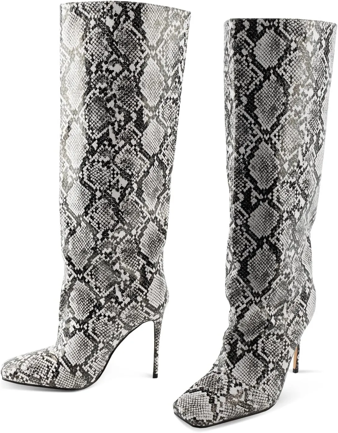 LingxiaUne Knee High Boots for Women Stylish Tall Boots With Square Toe Stiletto High Heel Pull On Women's Wide Calf Boots Classic Heeled Shoes For Ladies Party Prom Dressy Fall Winter Fashion